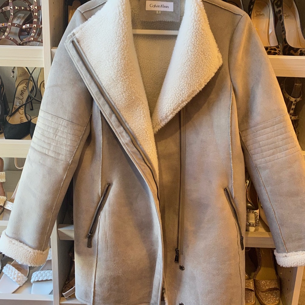 Calvin Klein Gray Suede Sherpa Moto style coat